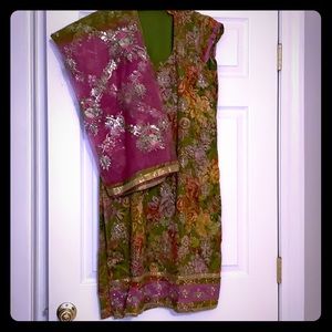 Green and pink pant salwar suit